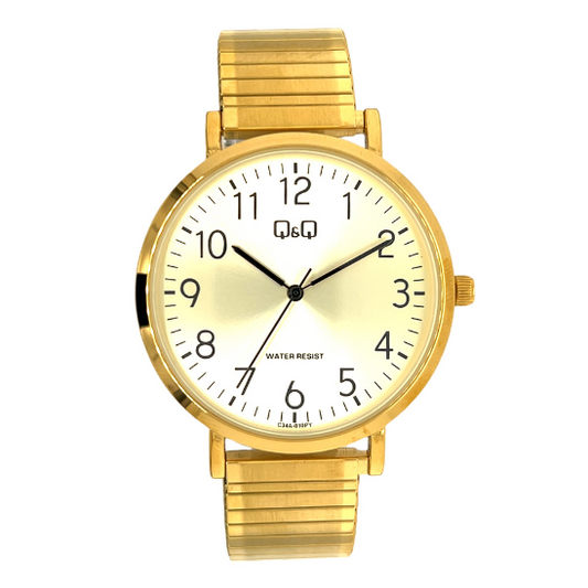 Q&Q men's gold watch with expandable strap, featuring a round dial and elegant design on a white background.