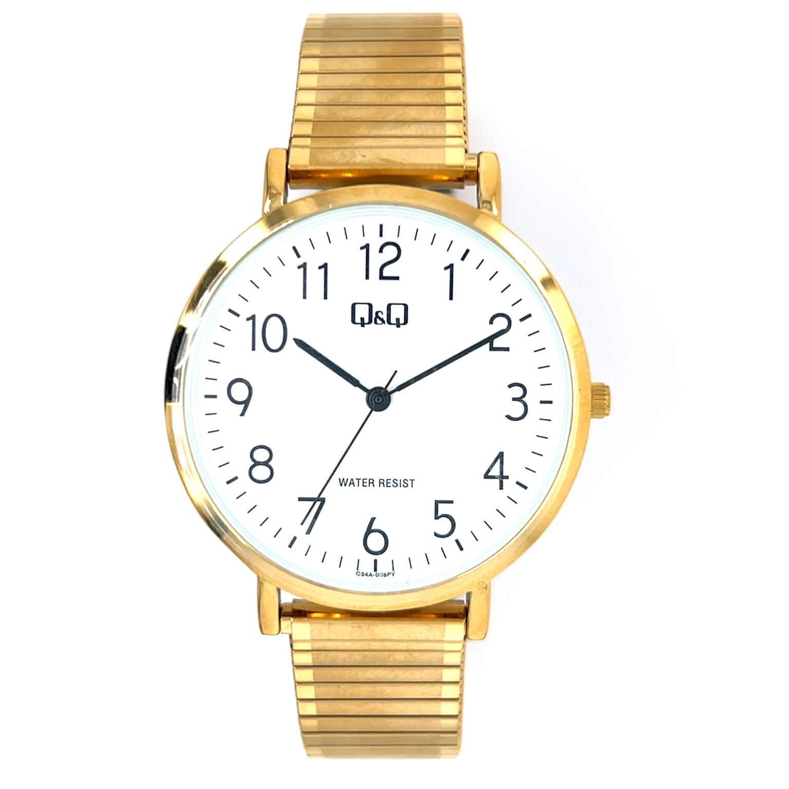 Q&Q men's gold watch with expandable strap, showing a stylish round dial and sleek design on a white background.
