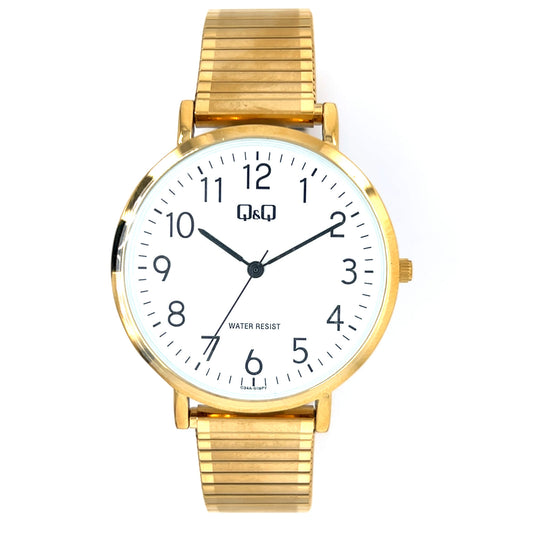Q&Q men's gold watch with expandable strap, showing a stylish round dial and sleek design on a white background.