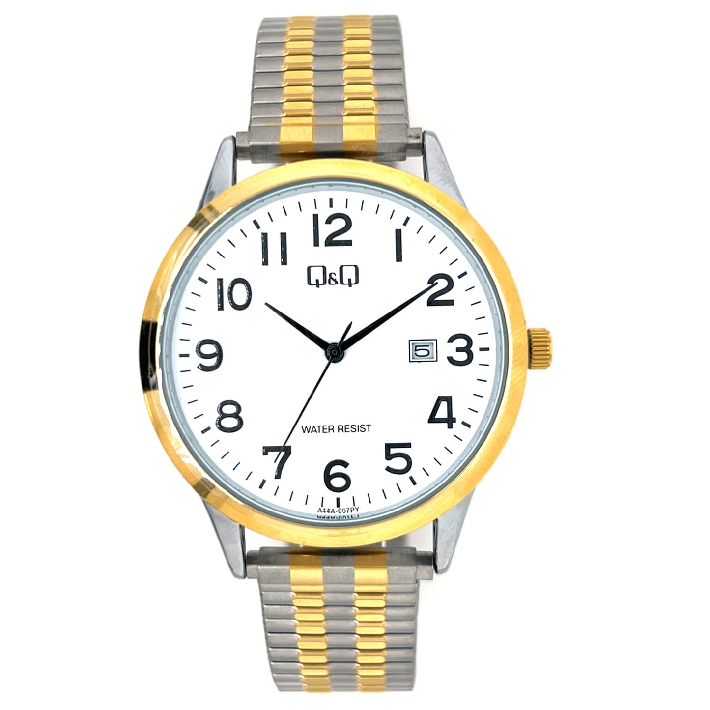 Q&Q men's watch with two-tone expandable strap, featuring a round dial and silver and gold finish.