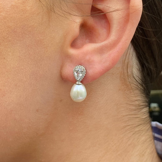Silver Pear Halo CZ Freshwater Pearl Drop Earrings - John Ross Jewellers