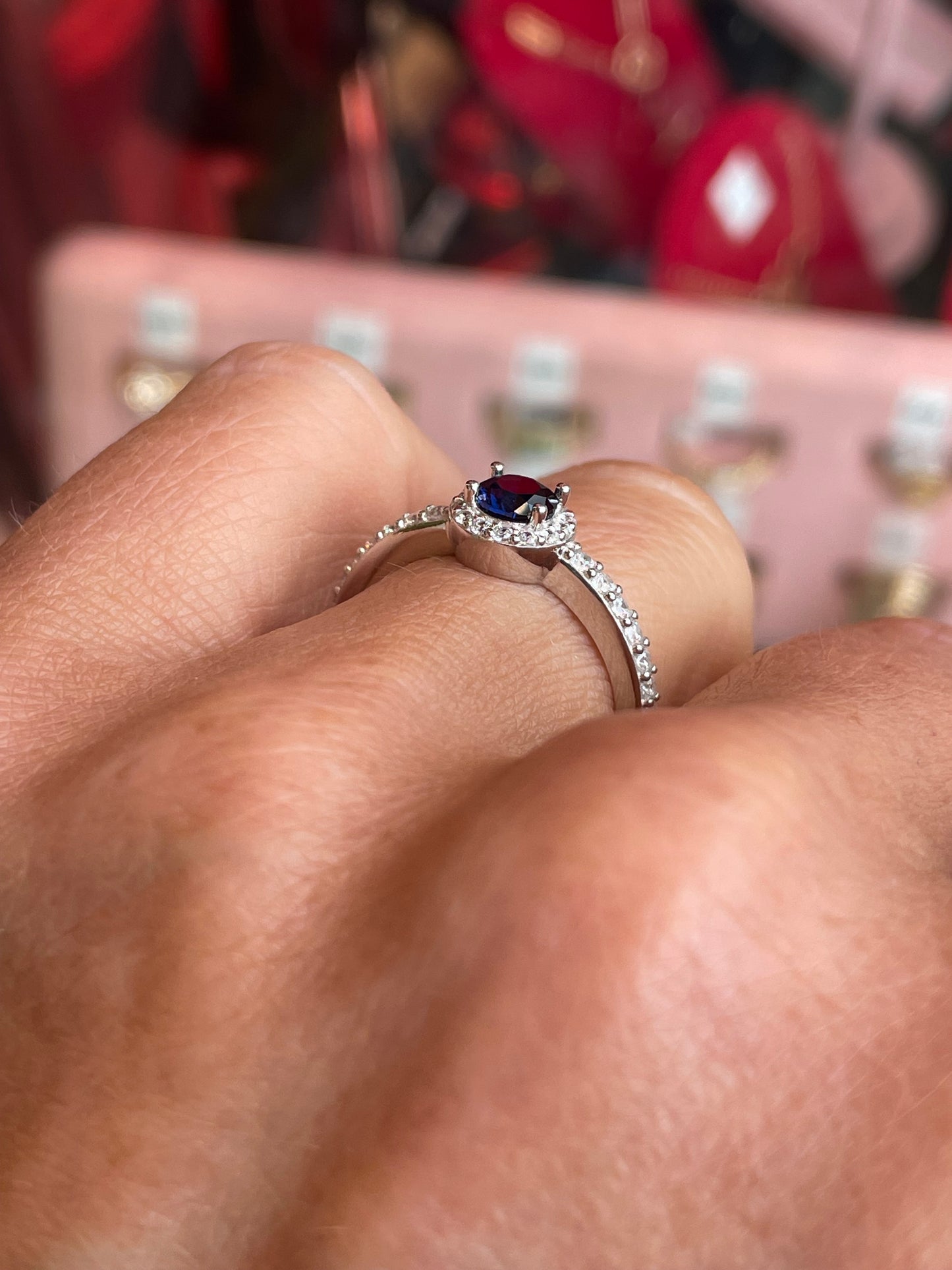 Silver Round Halo CZ Ring | Sapphire Blue - John Ross Jewellers