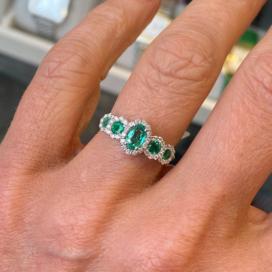 18ct White Gold Emerald & Diamond Garland Ring - John Ross Jewellers