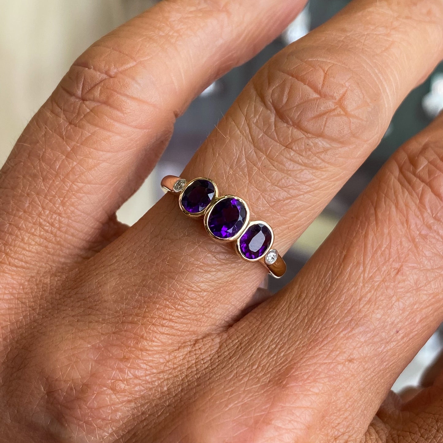 9ct Gold Amethyst & Diamond Trilogy Ring