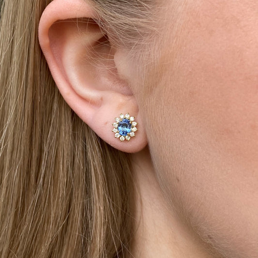 18ct gold sapphire and diamond oval cluster stud earrings by LMJ, showcasing sparkling gemstones and a elegant jewelry design.