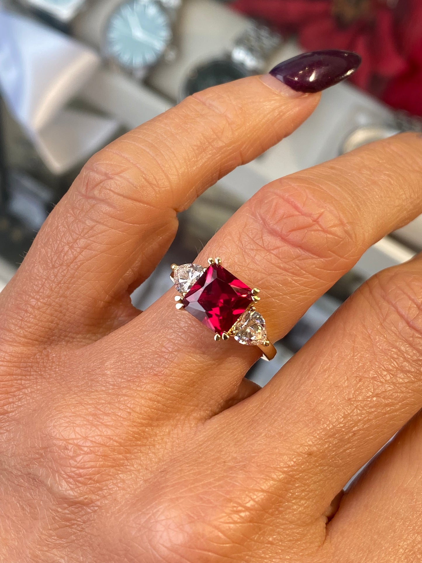 9ct Gold Created Ruby & CZ Ring