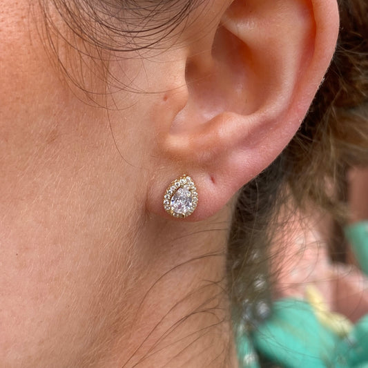 9ct gold pear-shaped CZ halo stud earrings by Mark Milton, featuring sparkling cubic zirconia stones and a secure post back.
