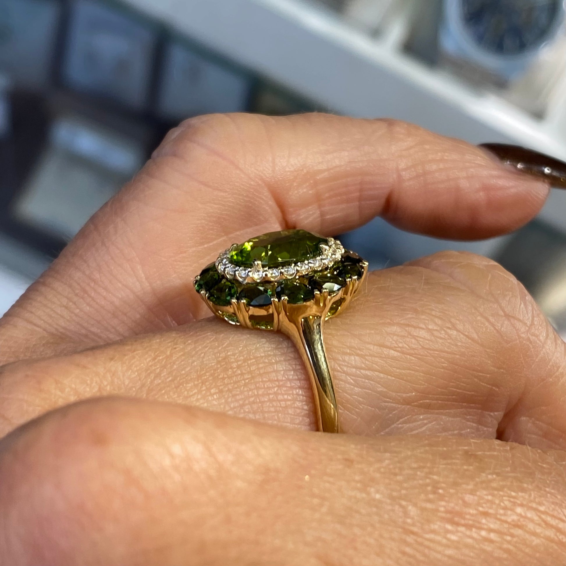 18ct Gold Peridot, Green Tourmaline & Diamond Ring - John Ross Jewellers