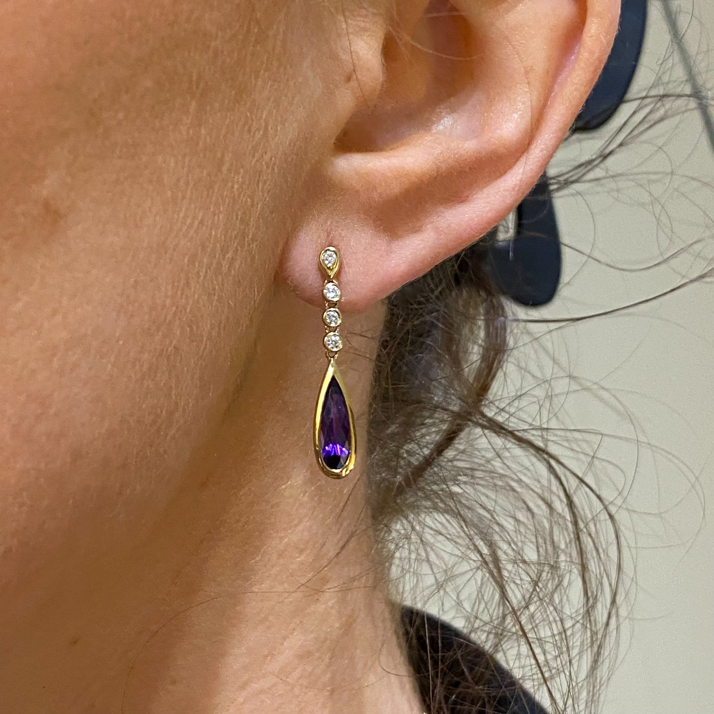 9ct Gold Pear Amethyst & Diamond Drop Earrings