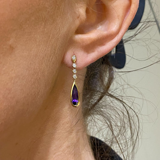 9ct Gold Pear Amethyst & Diamond Drop Earrings