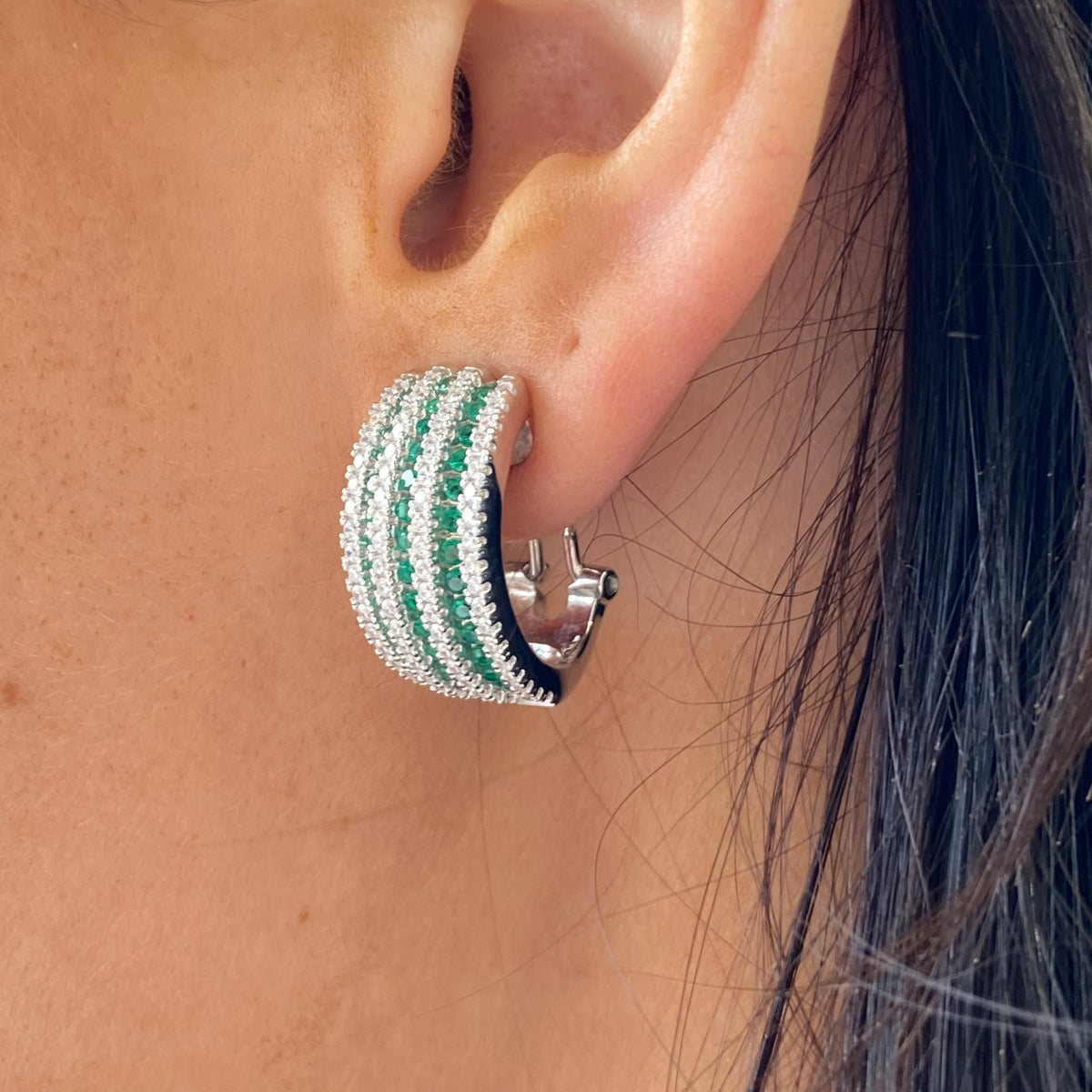 Silver CZ Ribbed J Hoop Earrings | Emerald Green