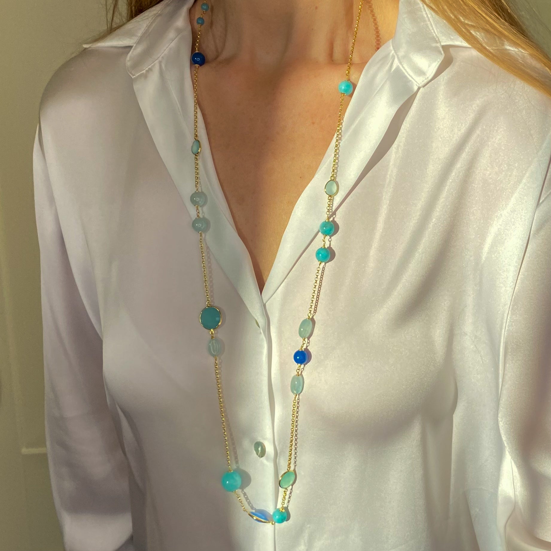 Adria Amazonite, Agate, Quartz & Aquamarine Necklace | 110cm - John Ross Jewellers