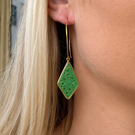 Carved Jade Kite Hook Long Drop Earrings - John Ross Jewellers