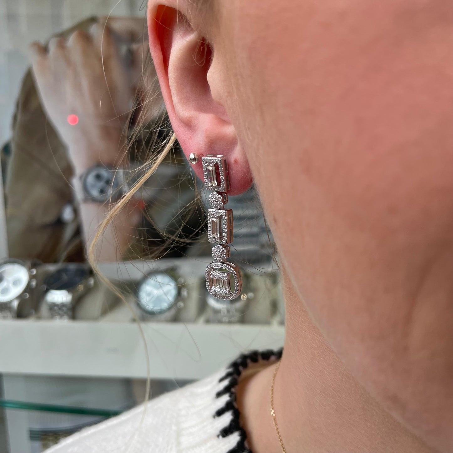 Silver Baguette Trio Drop Earrings - John Ross Jewellers