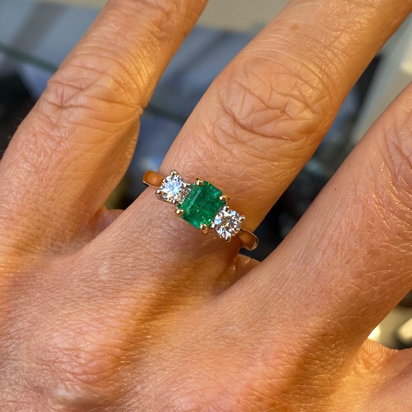 18ct Gold Emerald & Diamond Trilogy Ring - John Ross Jewellers