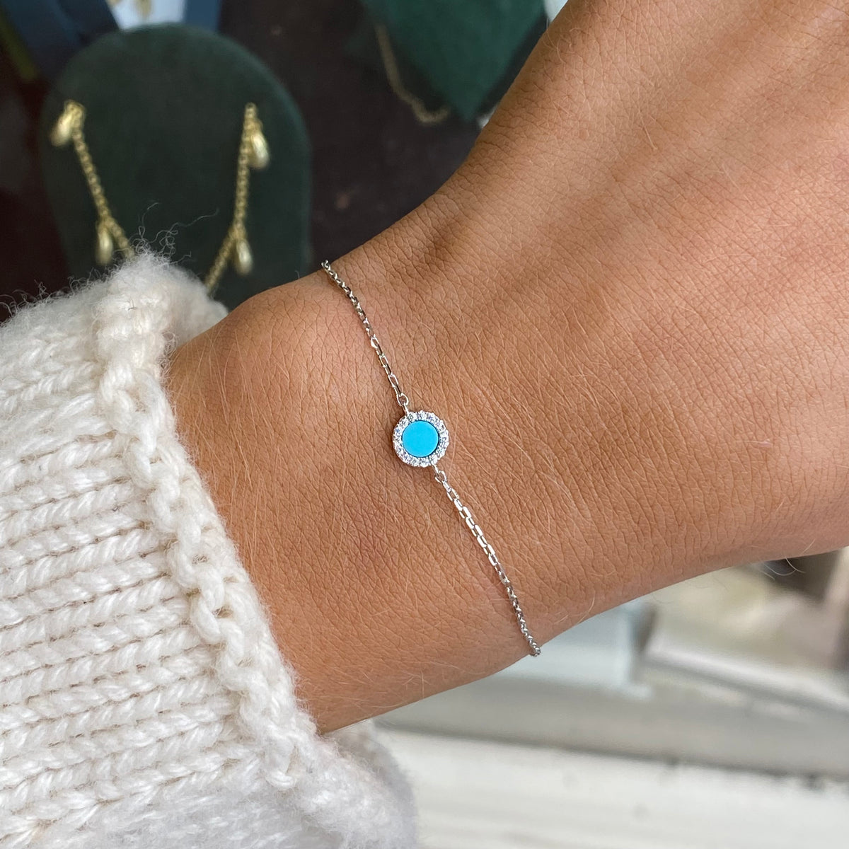 Silver Turquoise & CZ Centrepiece Bracelet | 15.3cm