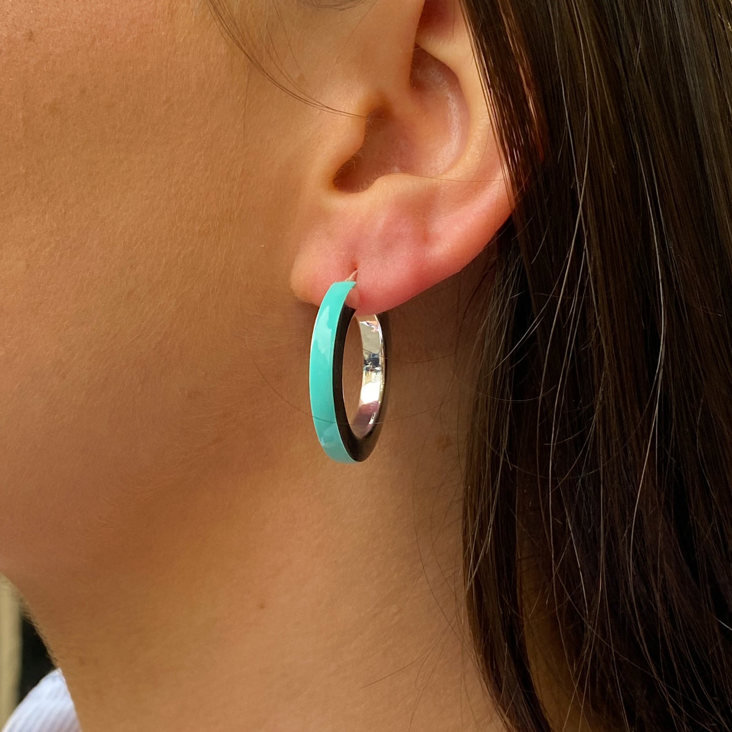 Silver Turquoise Enamel Chunky Hoop Earrings | 28mm - John Ross Jewellers