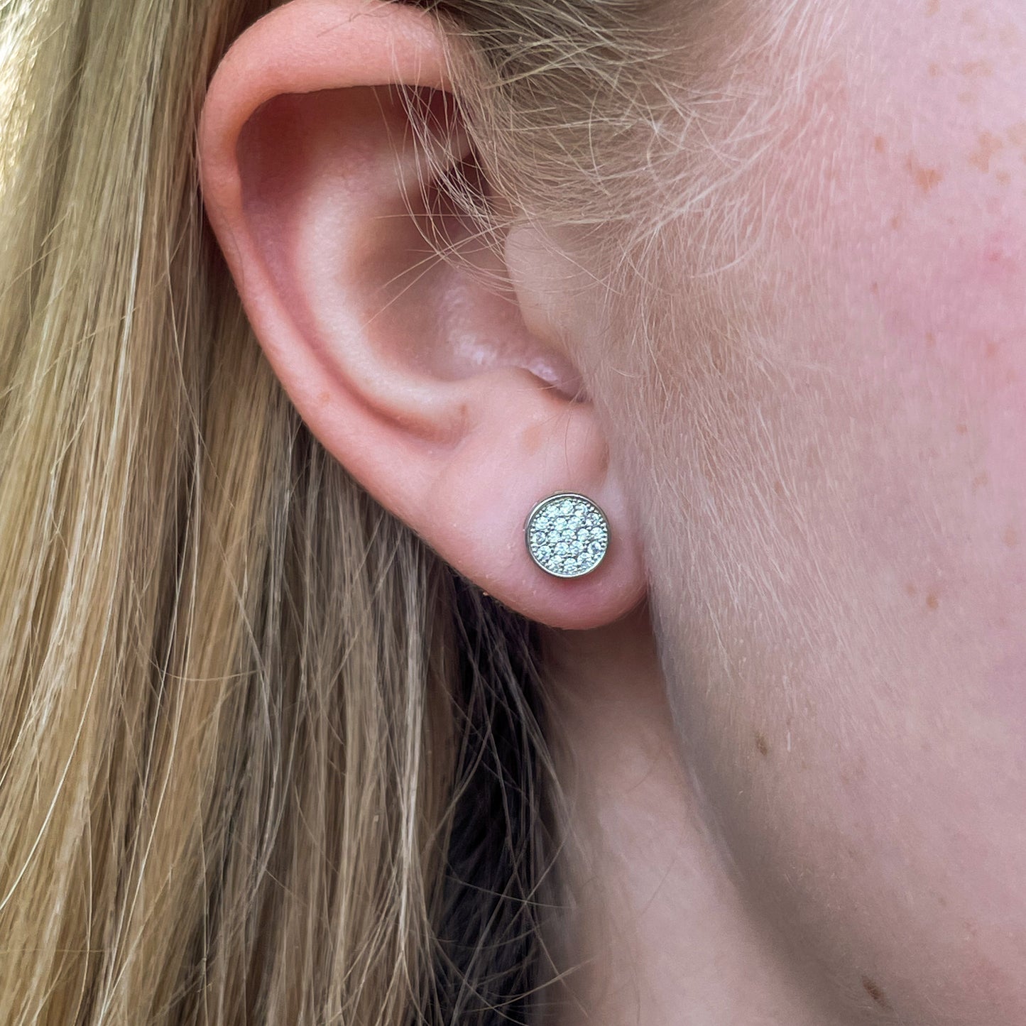 Silver CZ Disc Stud Earrings