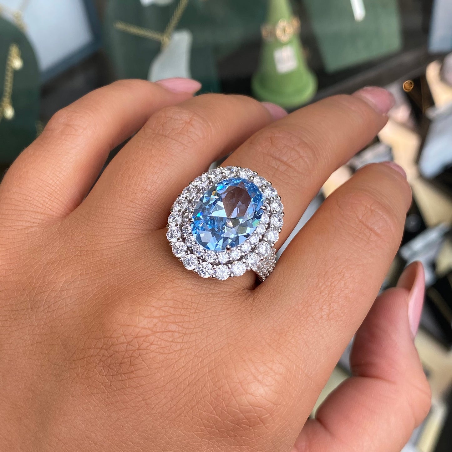 Silver Oval Cut Statement Ring | Aqua Blue