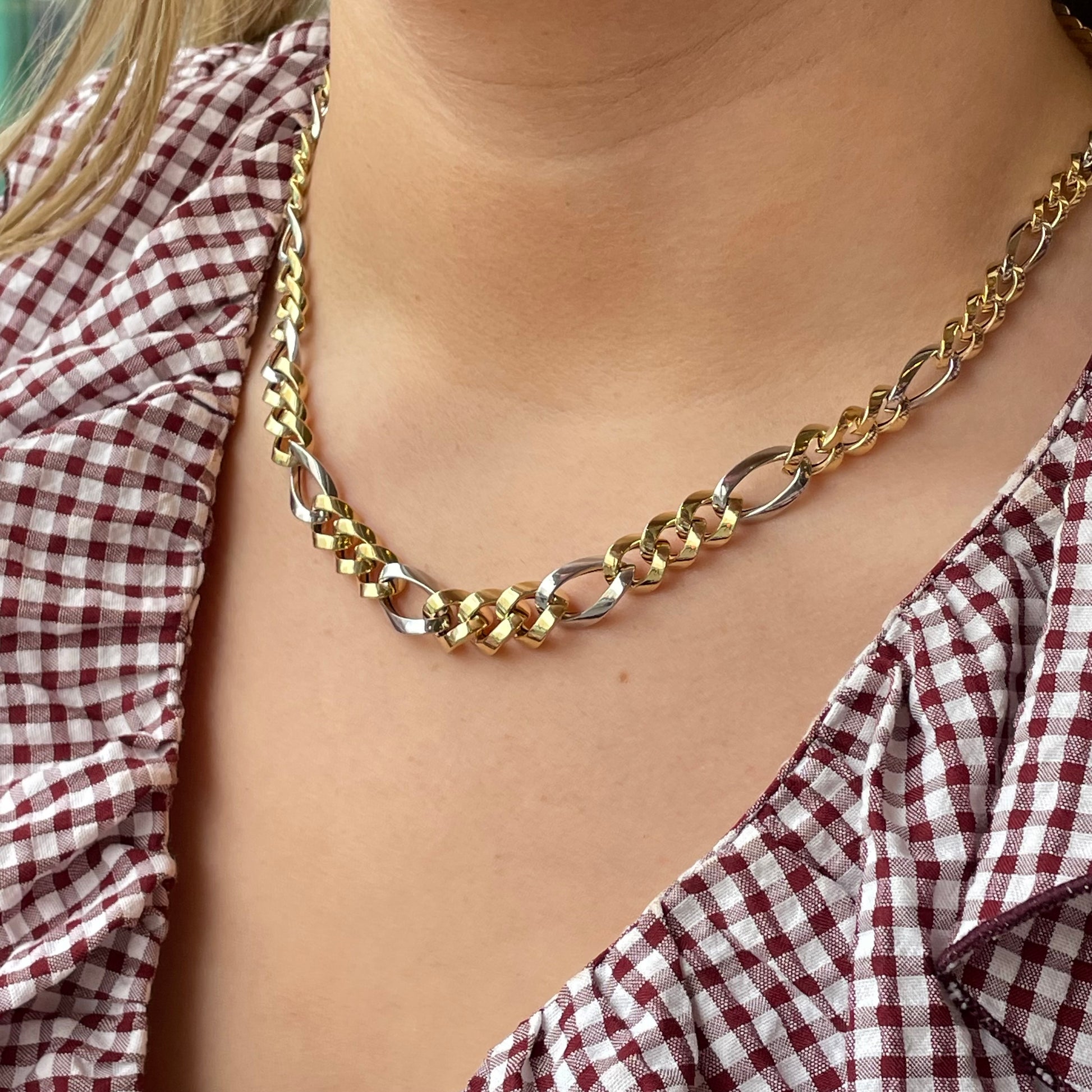 9ct gold two-tone chunky Figaro necklace with large interlinked chain links, designed by Mark Milton.