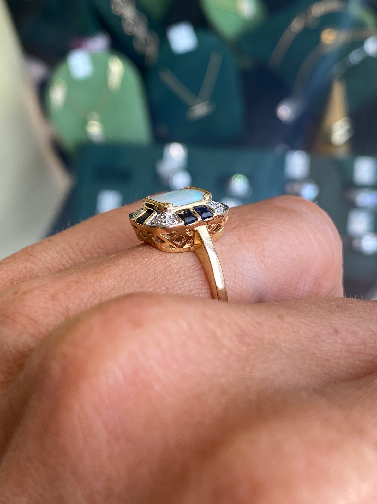 9ct Gold Gem Opal, Sapphire & Diamond Ring