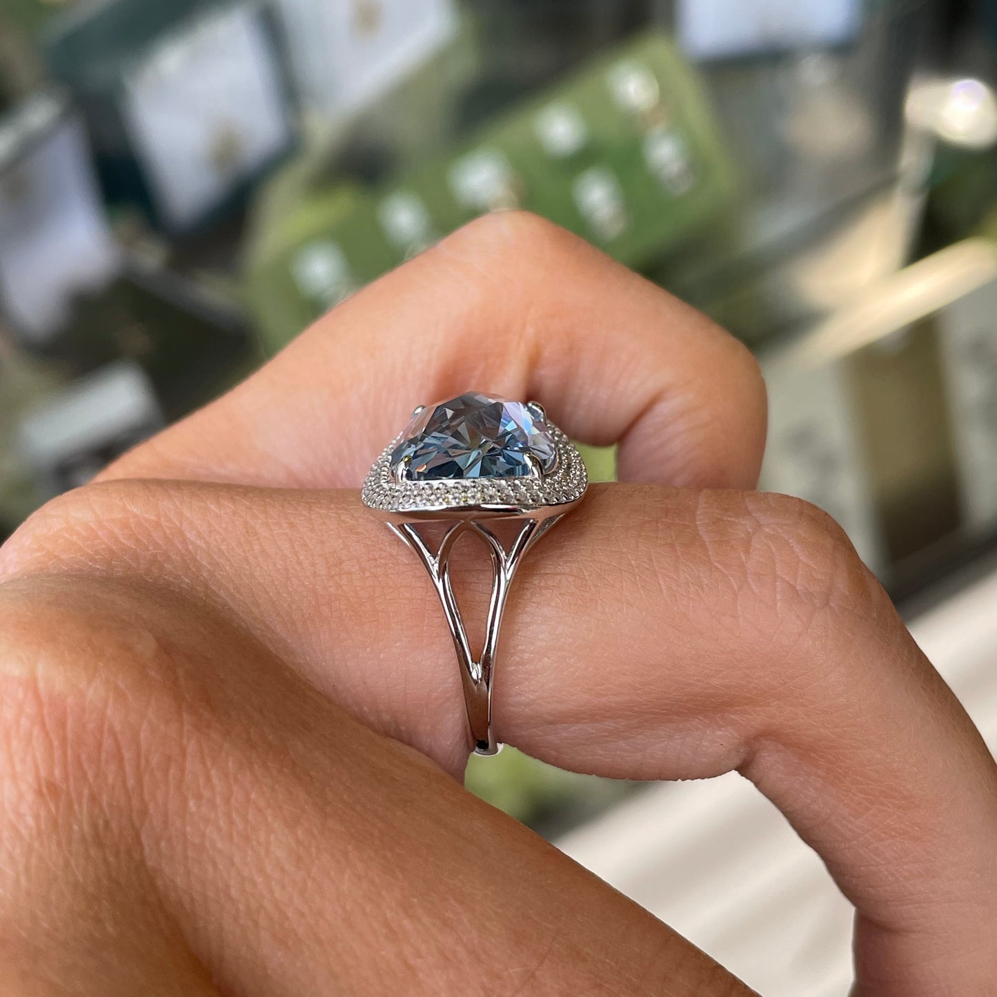 Silver Oval East West CZ Ring | Aqua Blue