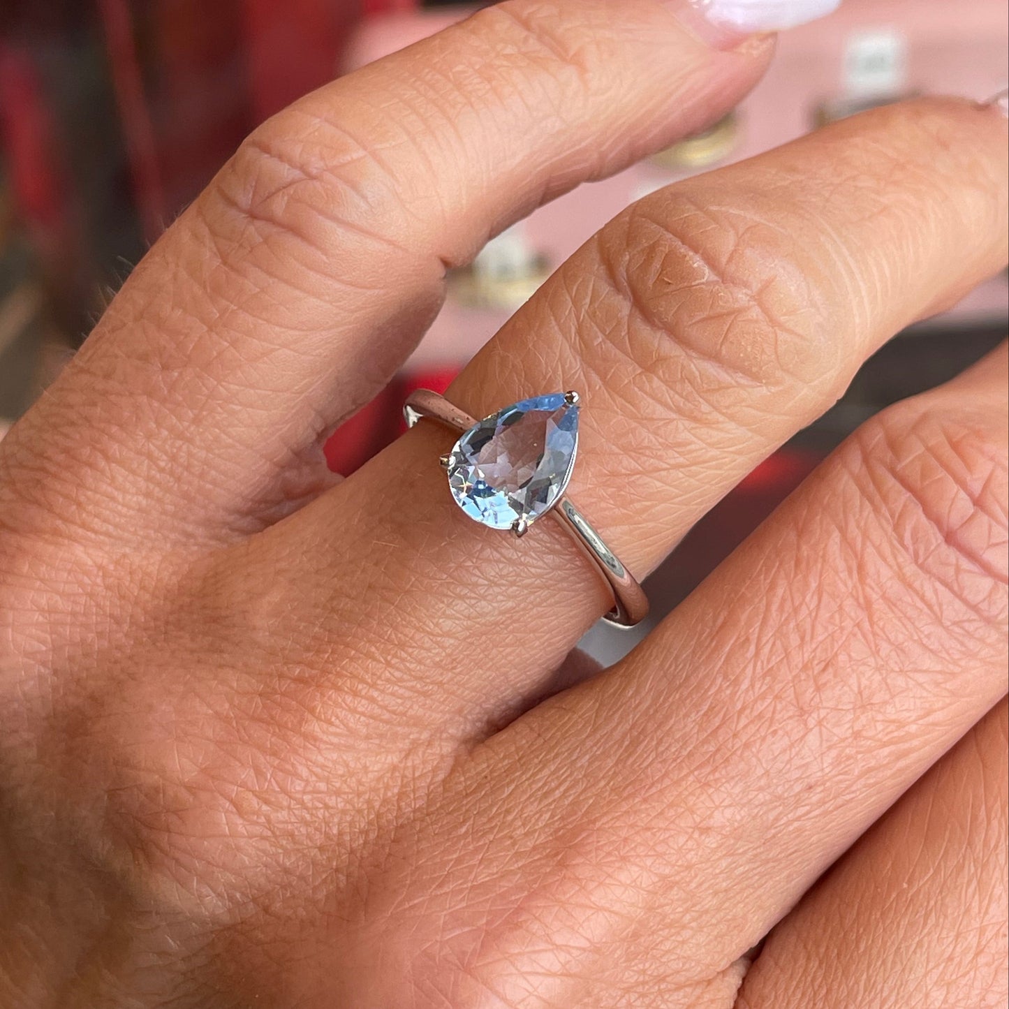 Silver Pear Solitaire Ring | Aqua Blue - John Ross Jewellers