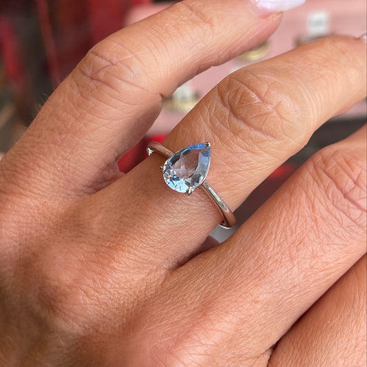 Silver Pear Solitaire Ring | Aqua Blue - John Ross Jewellers