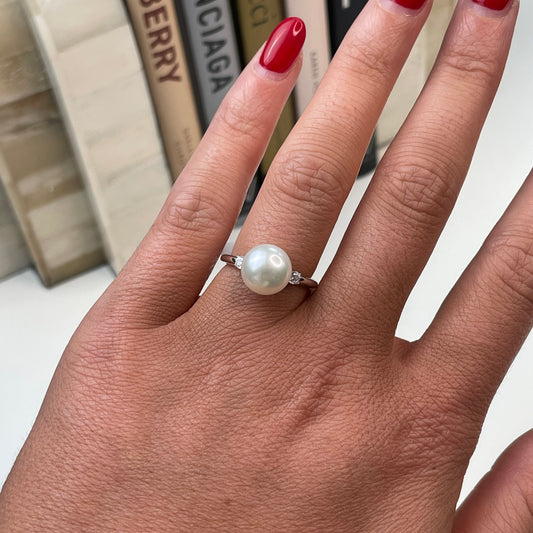 Silver Freshwater Pearl & CZ Trilogy Ring| 8mm - John Ross Jewellers