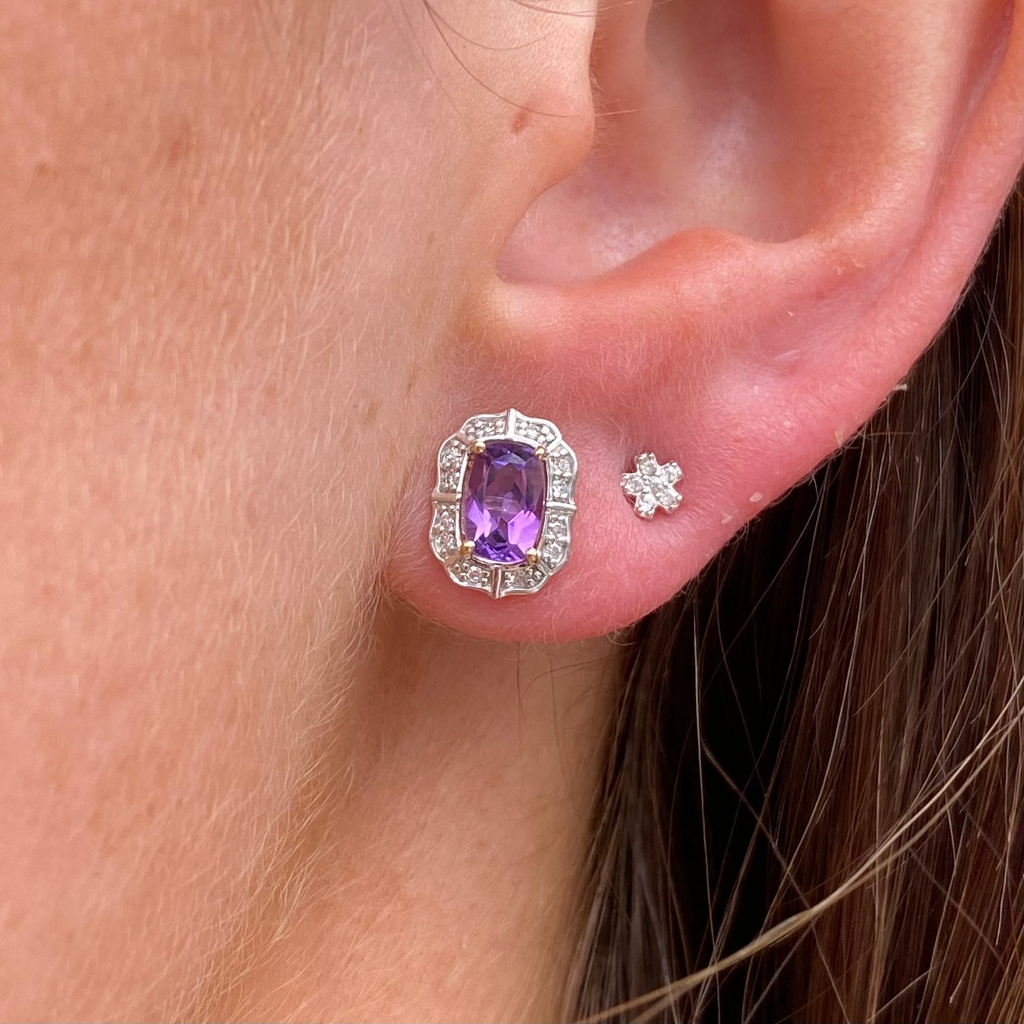 9ct Gold Amethyst & Diamond Stud Earrings | Vintage Style
