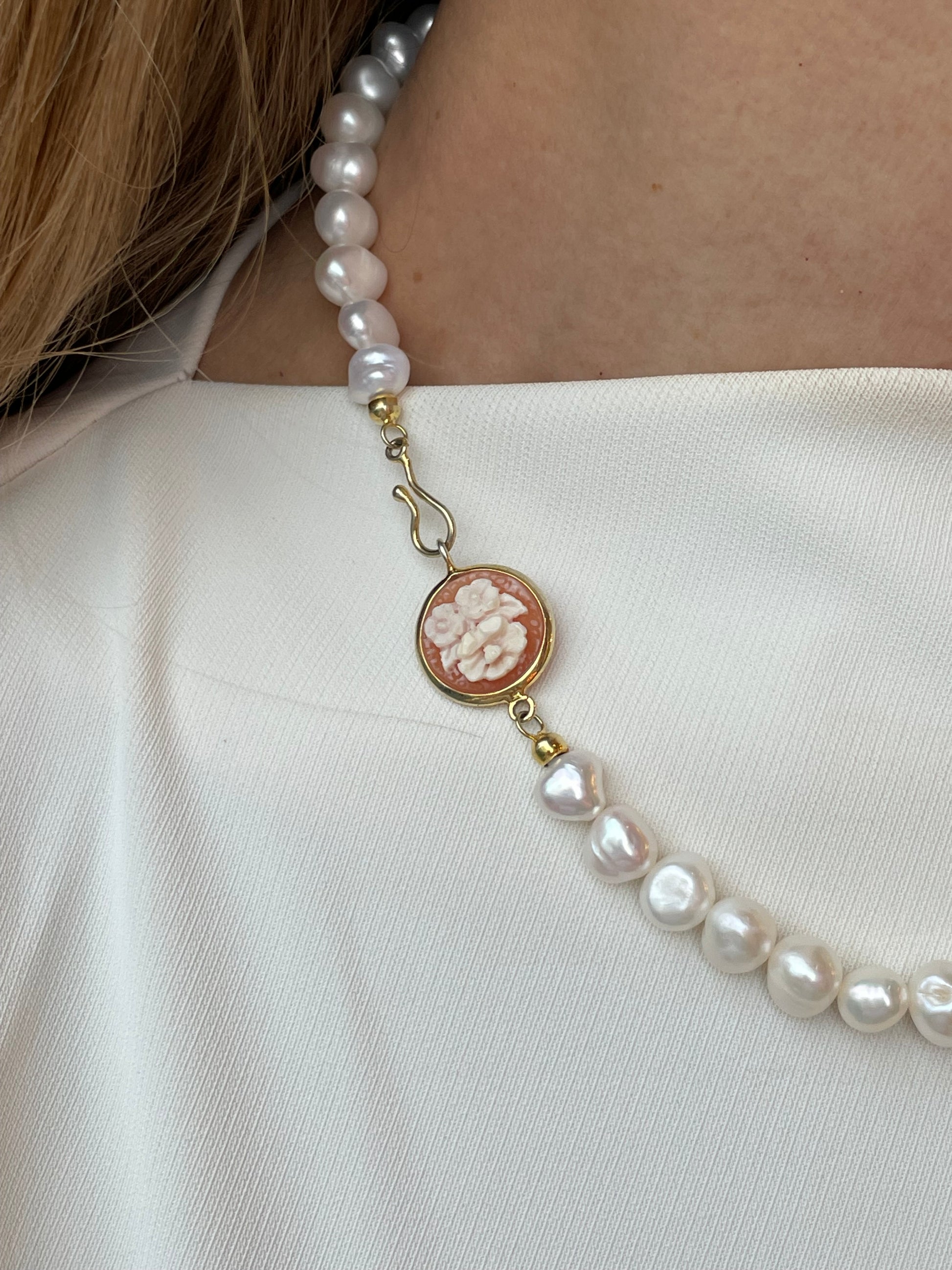 Bruno butterfly and floral cameo necklace with freshwater pearls, 10-12mm, 44cm length, featuring intricate floral and butterfly designs.