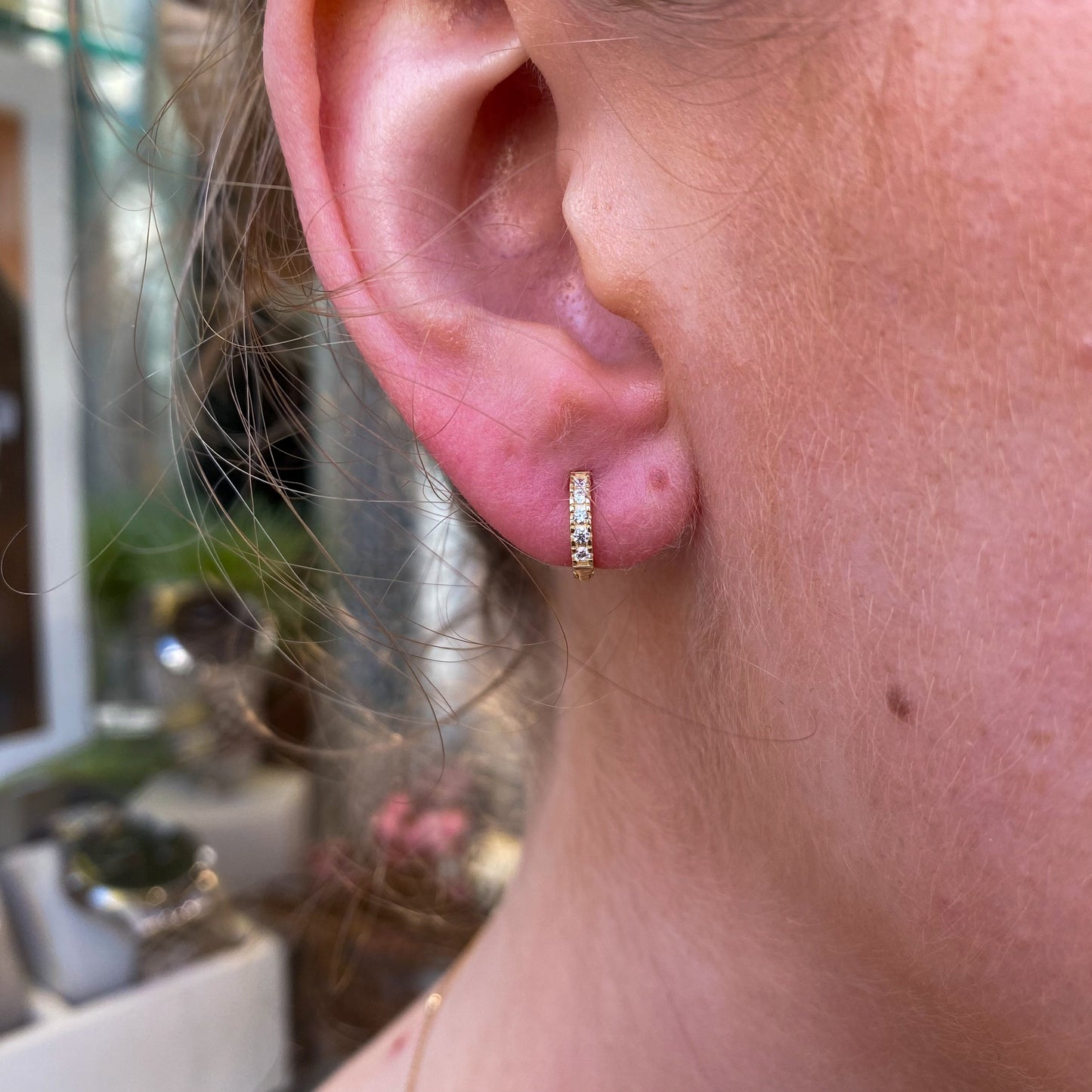 9ct Gold 7mm Huggie Hoop Earrings | White CZ - John Ross Jewellers