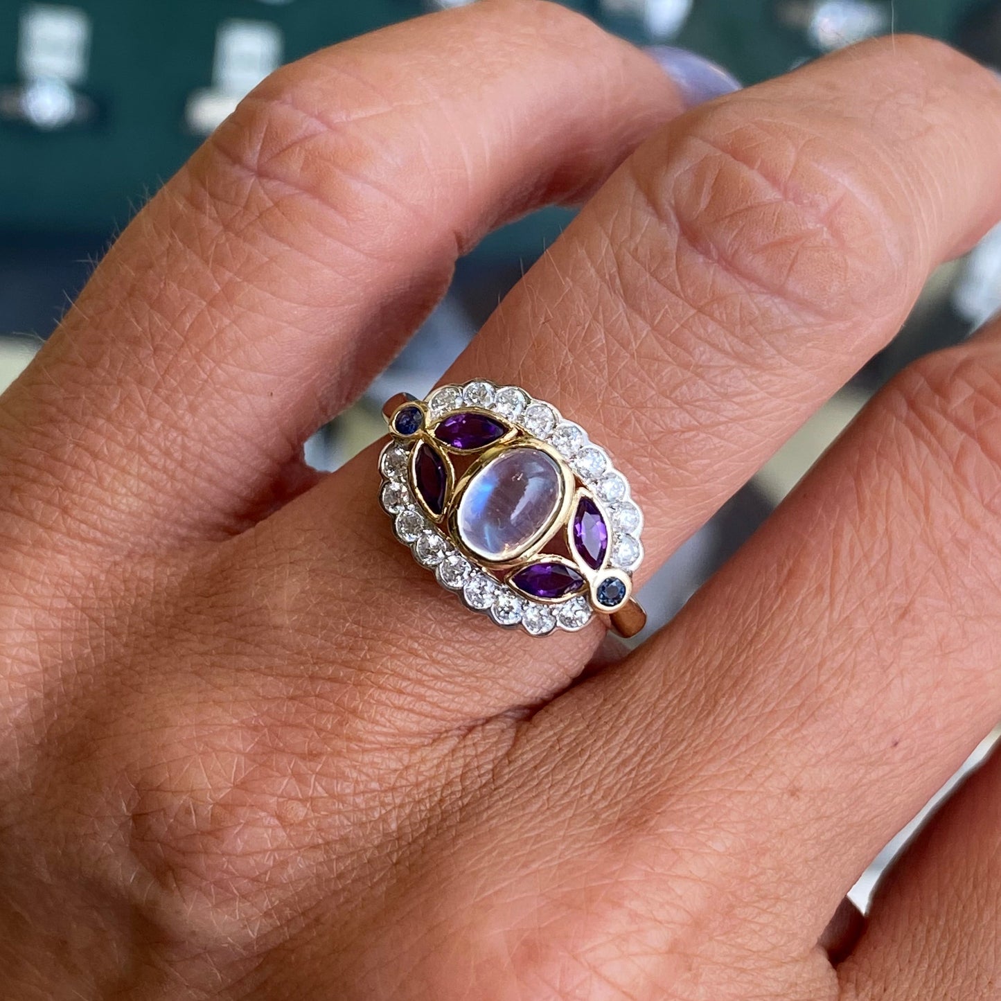 9ct Gold Rainbow Blue Moonstone, Amethyst, Sapphire & Diamond Ring