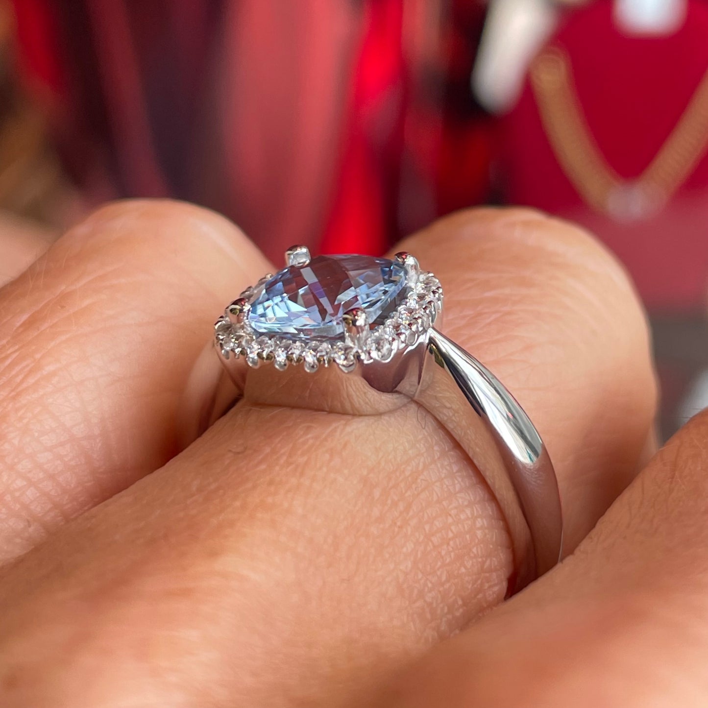 Silver Cushion Halo Ring | Aqua Blue