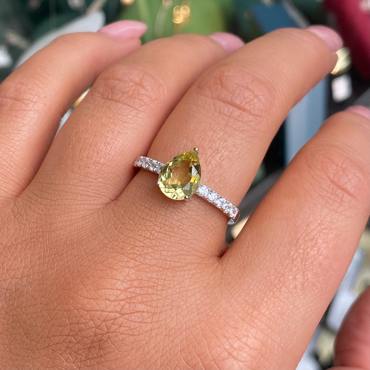 Silver Pear Peridot & CZ Solitaire Ring