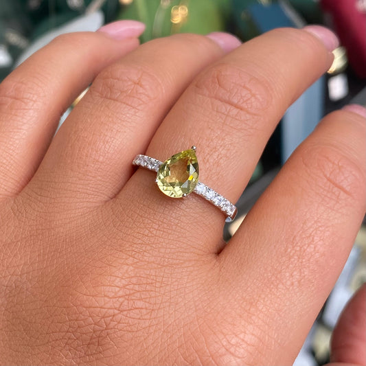Silver Pear Peridot & CZ Solitaire Ring