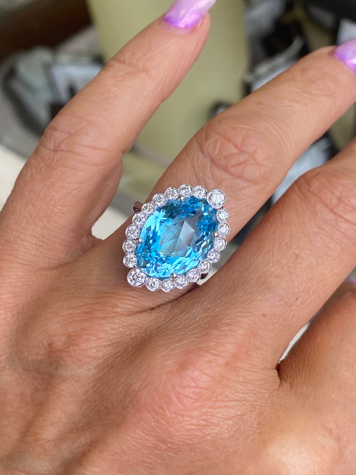 18ct White Gold Blue Topaz & Diamond Statement Ring