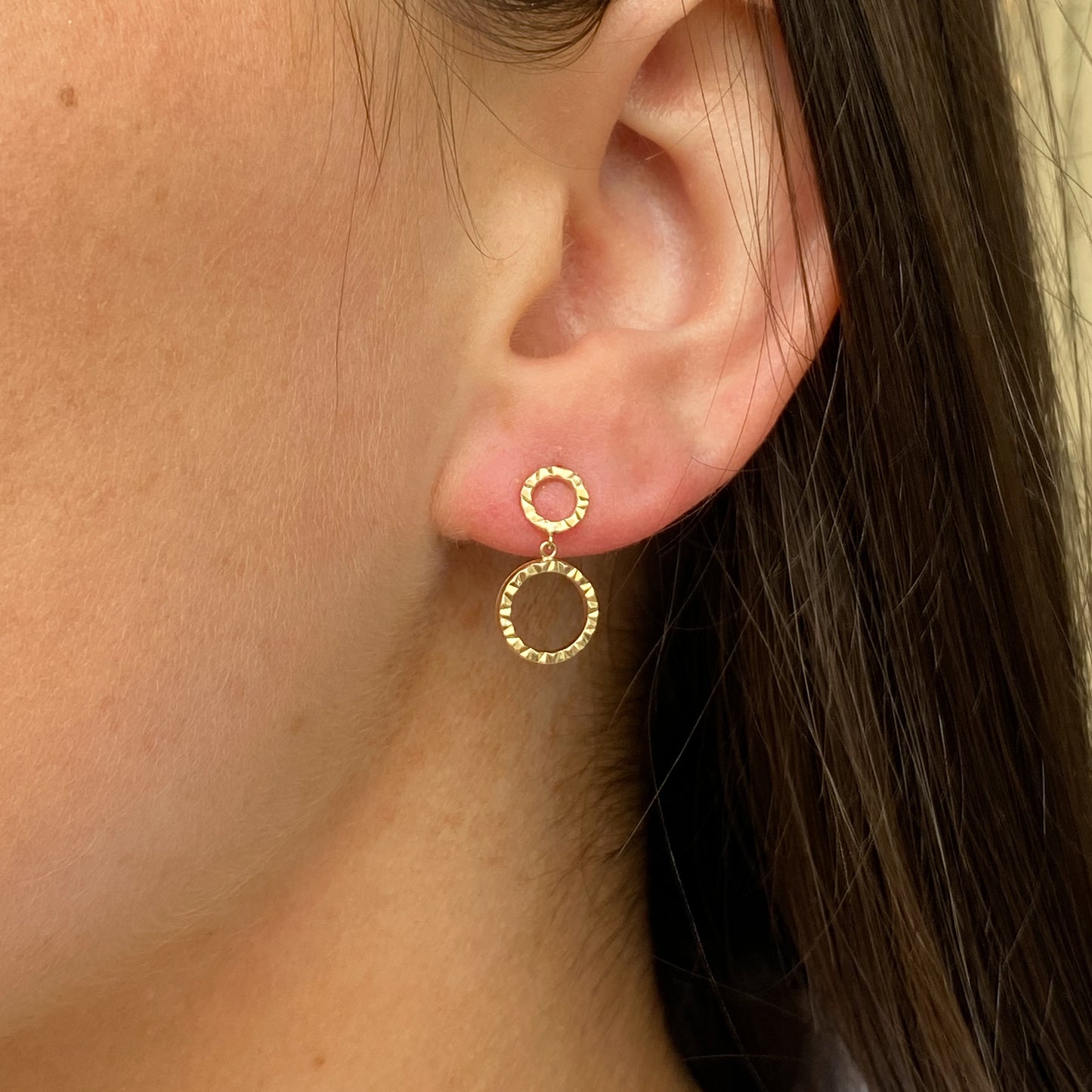 9ct Gold Glittery Double Circle Drop Earrings