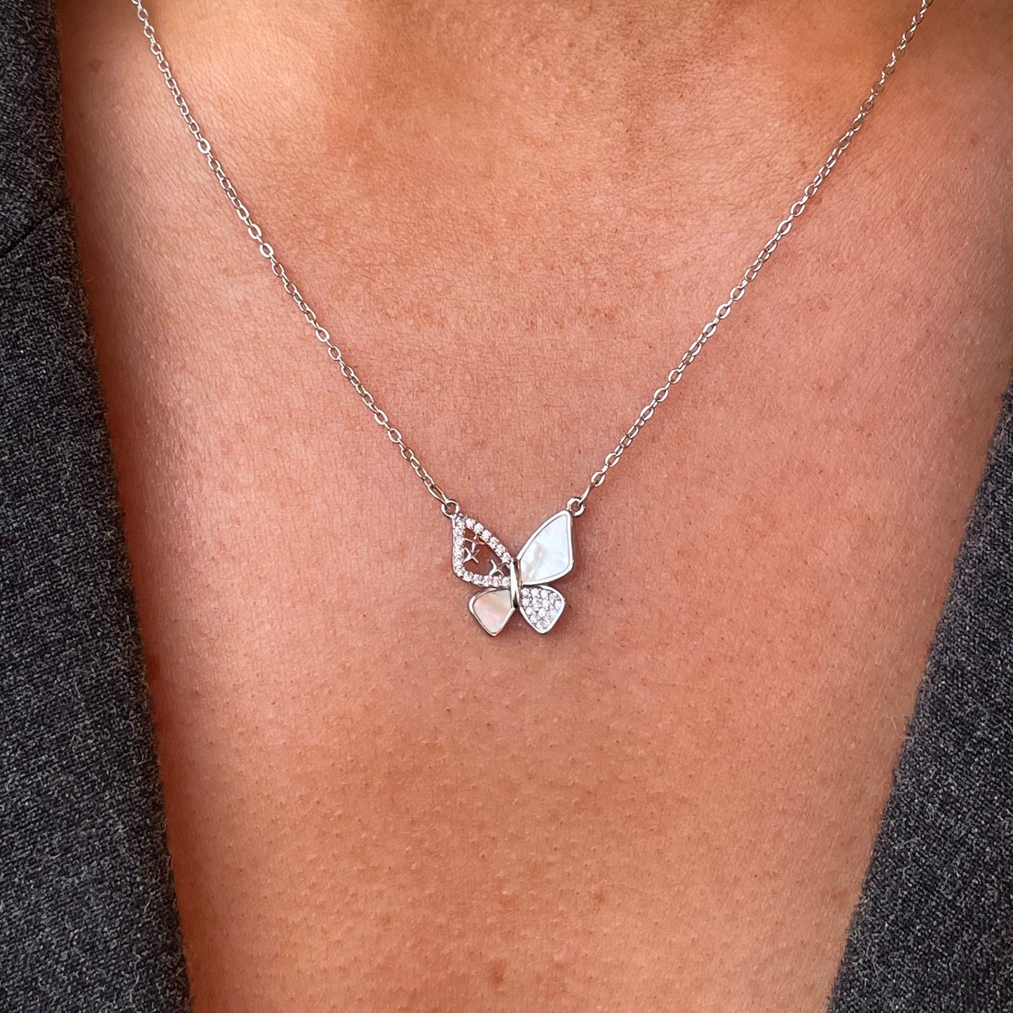 Silver CZ Butterfly Necklace | 42+3cm - John Ross Jewellers