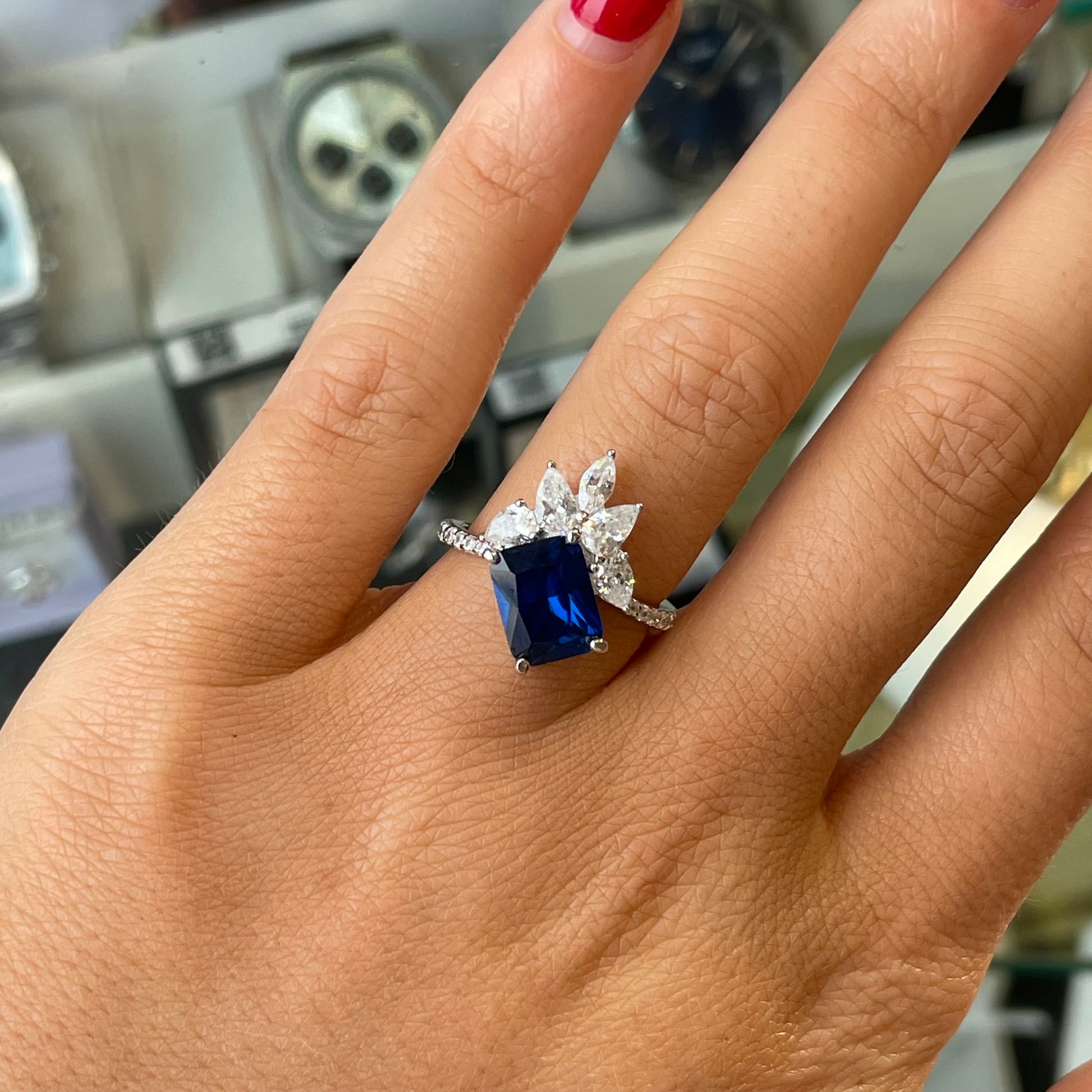 Silver Blue Baguette Tiara Ring - John Ross Jewellers