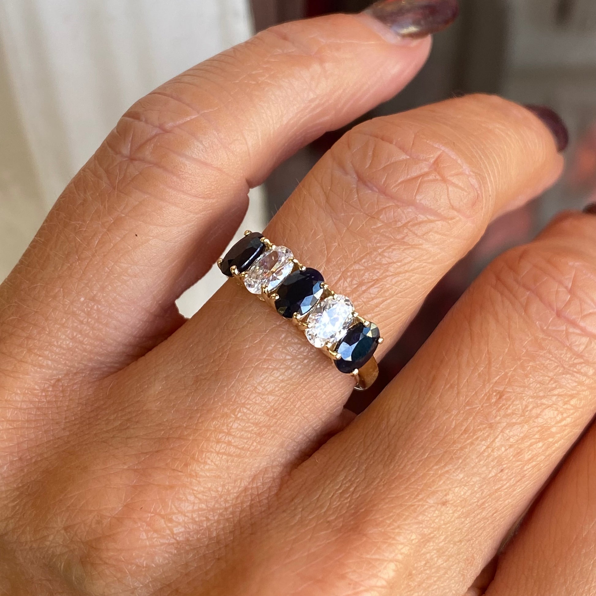 9ct Gold Oval Five Stone Eternity Ring - Sapphire & CZ - John Ross Jewellers