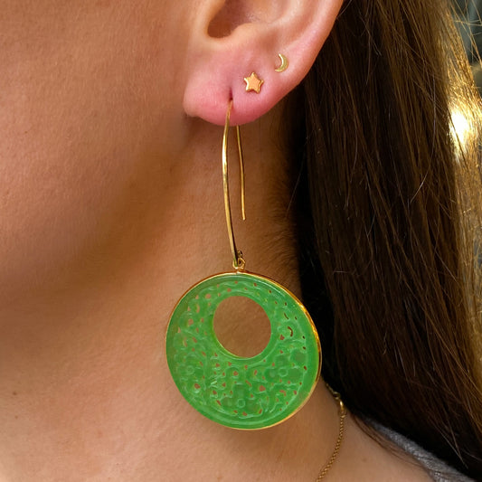 Carved Jade Round Hook Long Drop Earrings - John Ross Jewellers
