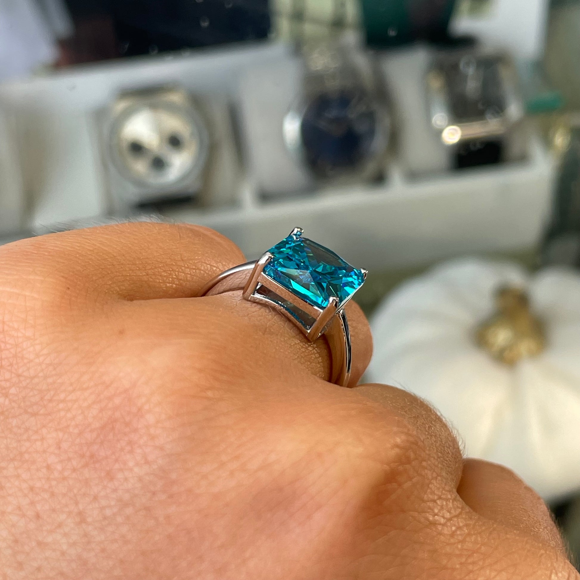 Silver Aqua CZ Statement Ring | 10mm x 8mm - John Ross Jewellers