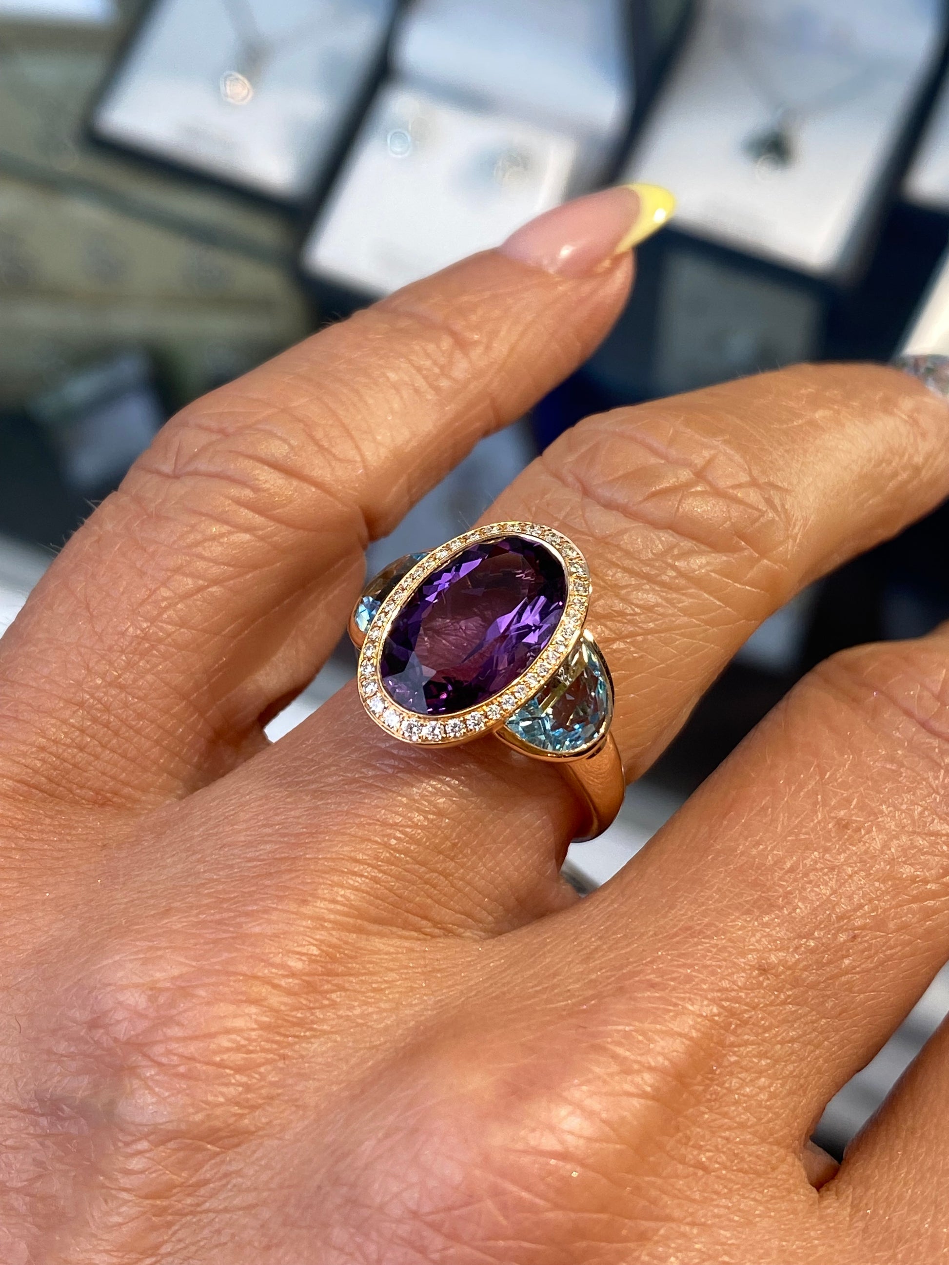 18ct Rose Gold Amethyst, Blue Topaz & Diamond Ring - John Ross Jewellers