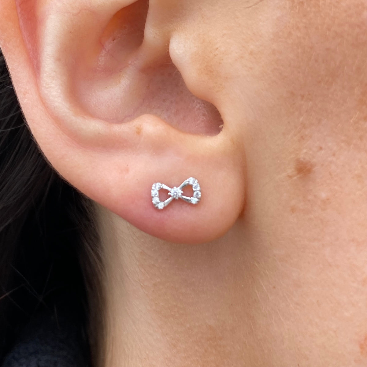 Silver CZ Dainty Bow Stud Earrings