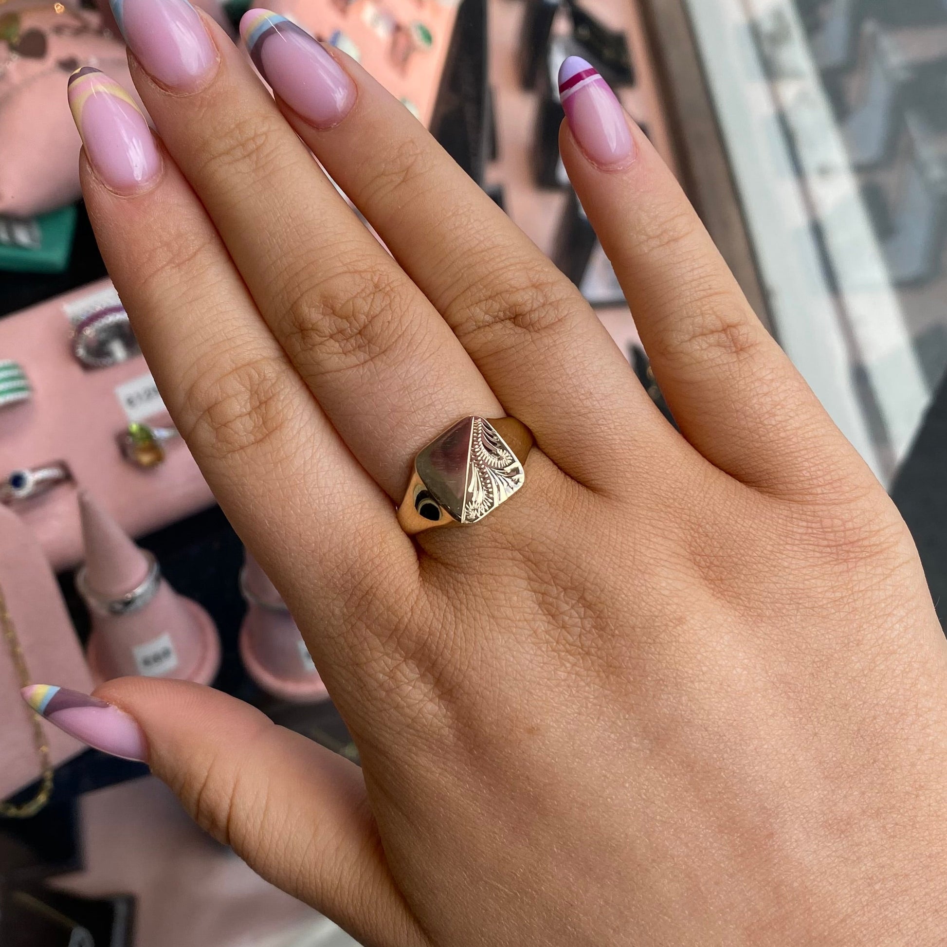 9ct gold gents square signet ring with engraved surface, stylish men's jewelry by PJD, showcasing a polished gold finish.
