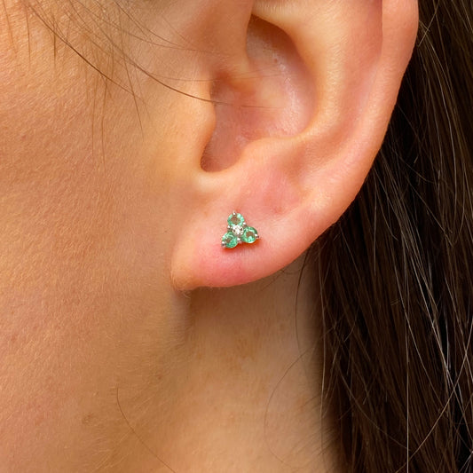 9ct White Gold Emerald & Diamond Trinity Stud Earrings