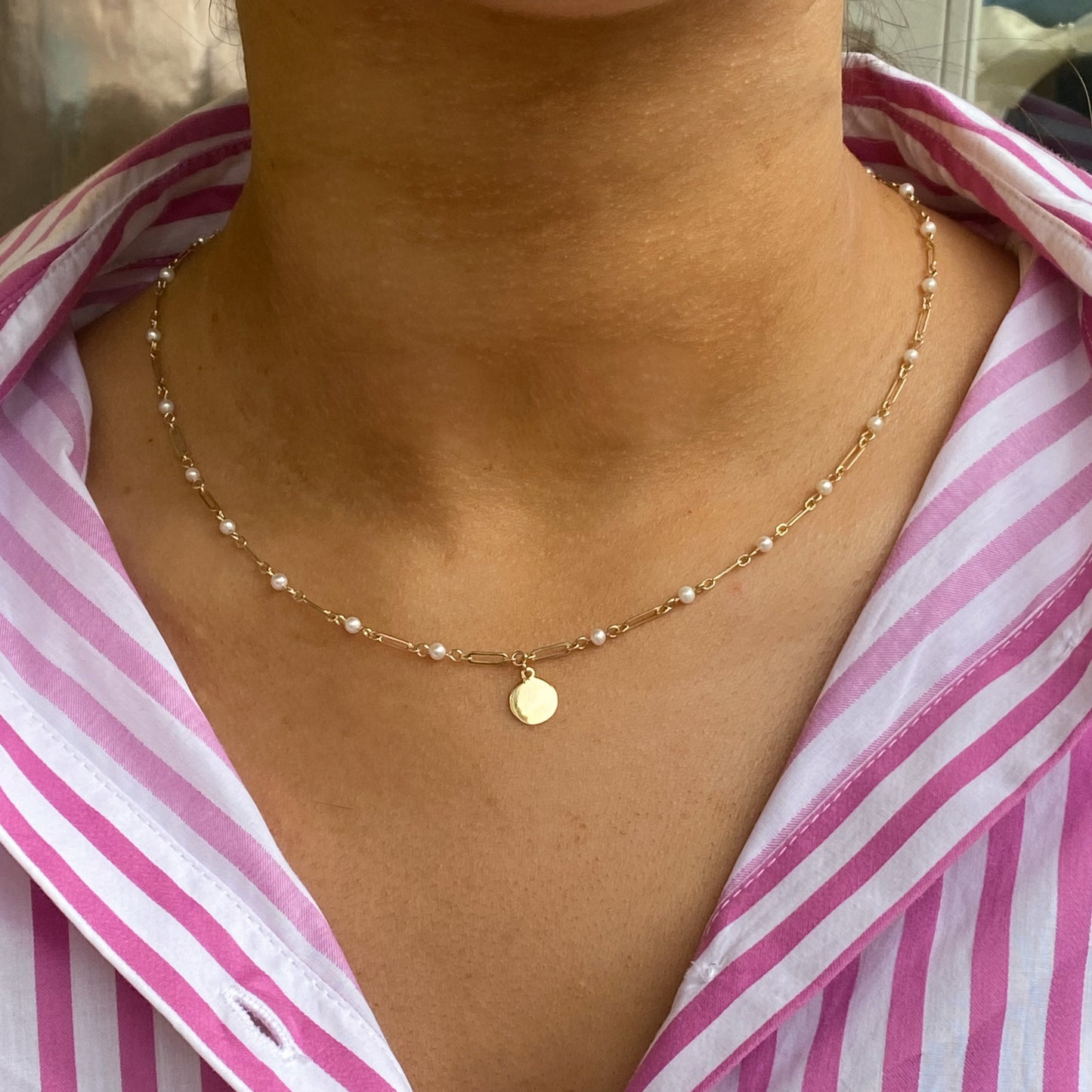 9ct Gold Freshwater Pearl & Paper Link Disc Necklace - John Ross Jewellers