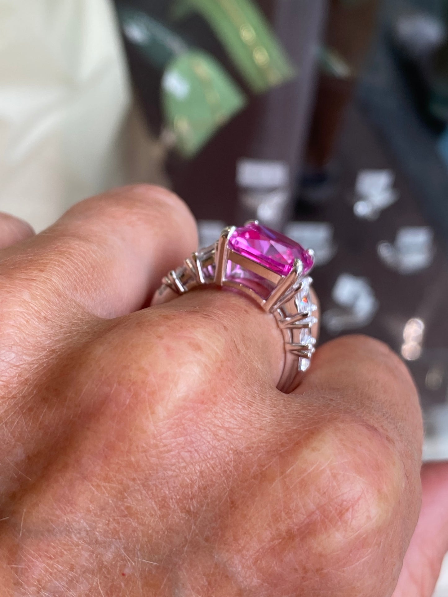 Silver Statement Emerald Cut Hot Pink & Princess CZ Ring