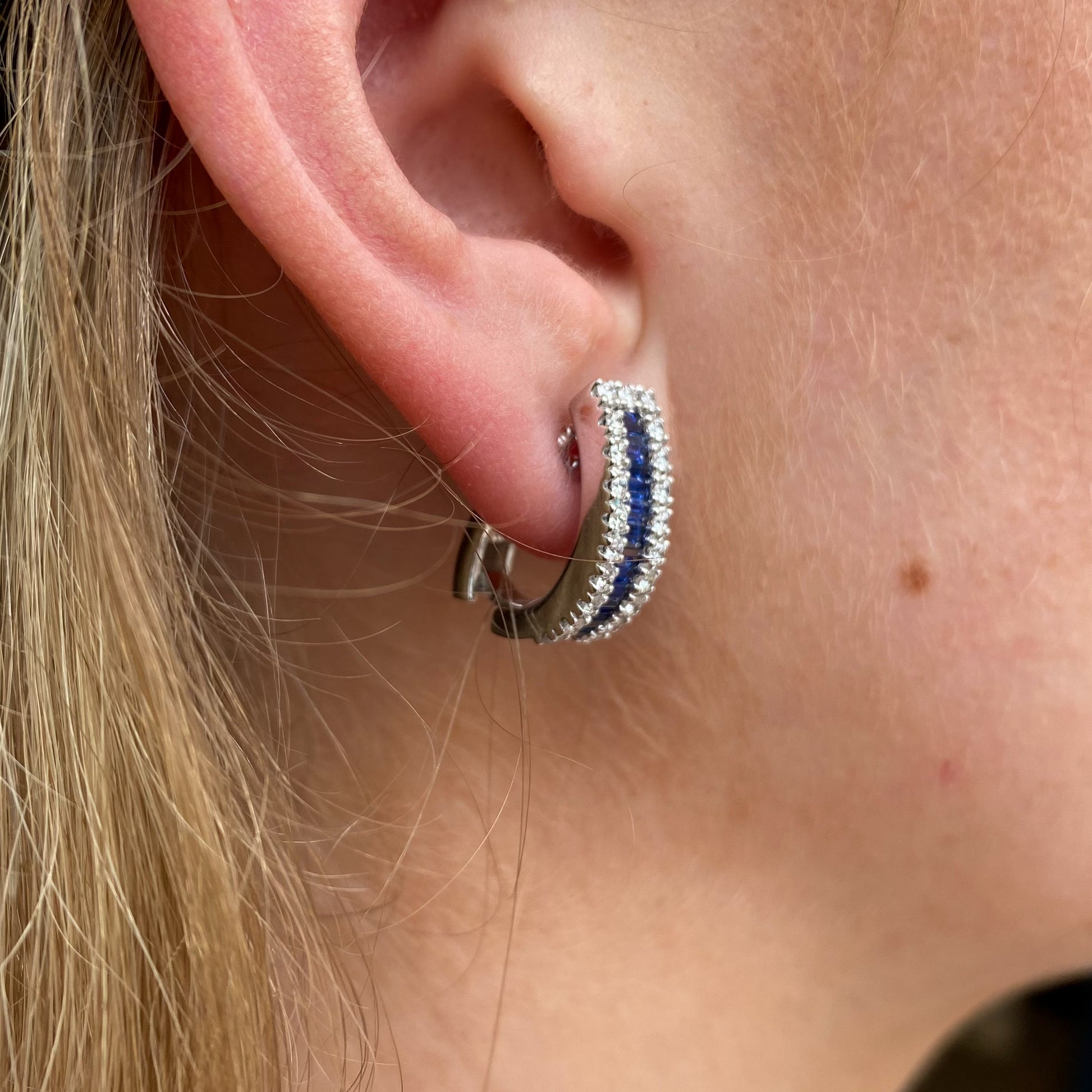 18ct White Gold Sapphire & Diamond J Hoop Earrings - John Ross Jewellers